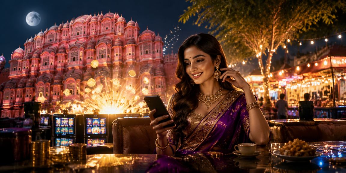 Mobile casino gaming in Jaipur night market environment